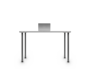A minimalist laptop on a sleek desk against a white background, epitomizing modern workspace design