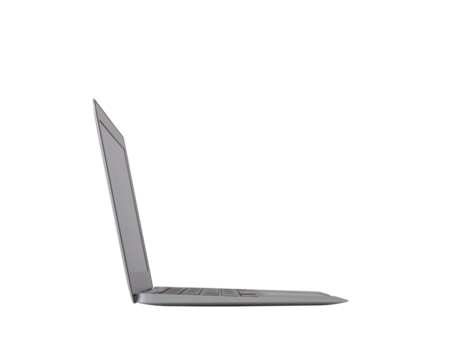 A side view of a laptop partially open on a white background, depicting technology and connectivity