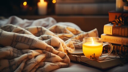 A cozy blanket and a cup of tea on a cold winter day