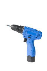 Blue cordless screwdriver isolated on a white background.