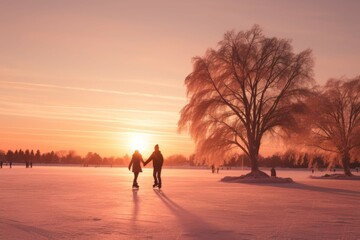 Couple ice skating on a frozen lake at sunset.