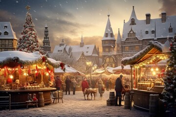 Winter wonderland Christmas market with handmade gifts and decorations. - obrazy, fototapety, plakaty