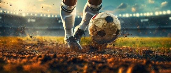A soccer player kicks a ball on a field by AI generated image - obrazy, fototapety, plakaty