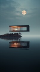 Fototapeta na wymiar futuristic house on lake with moon in background