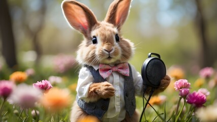 easter bunny in the grass,"A cute Easter Bunny stands upright on its hind legs, holding a hand speaker to make an announcement. The bunny's fur is soft and fluffy, with shades of white, gray, and brow