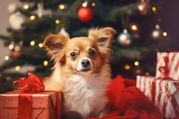 Dog wearing Santa hat next to present