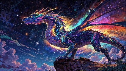 In a whimsically whimsical manner, imagine a quirky dragon inspired by the celestial realms, with shimmering celestial patterns covering its scales and glowing constellations in its eyes. - obrazy, fototapety, plakaty