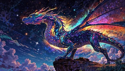 Fototapeten In a whimsically whimsical manner, imagine a quirky dragon inspired by the celestial realms, with shimmering celestial patterns covering its scales and glowing constellations in its eyes. © DynaVerse3D
