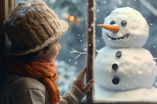 Child looking at snowman out window