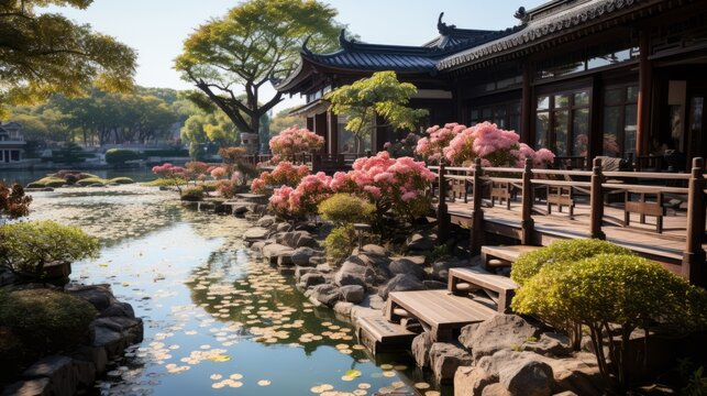 Chinese style architecture surrounded by a beautiful garden and a pond