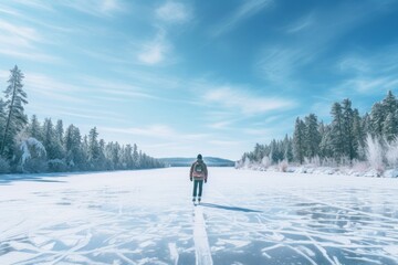 Peaceful winter activity on a frozen lake.