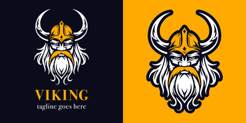 Viking logo template. Nordic warrior symbol. Horned norseman logo and sticker. Barbarian man head icon with horn helmet. Vector hand drawn ink style.