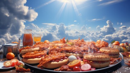 A table full of bacon and other food items with clouds in the background