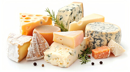 Different types of cheese, bread, Wooden plate with different kinds of cheese on white background, Different cheese composition, Set of triangular cheese pieces isolated on white background. 