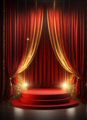 round theater podium with spotlights and red magnificent curtains