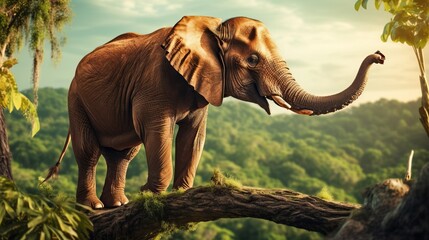 Obraz premium Elephant standing on a branch with green leaves in the background
