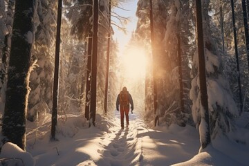 Snowshoeing through snowy forest with sunlight.