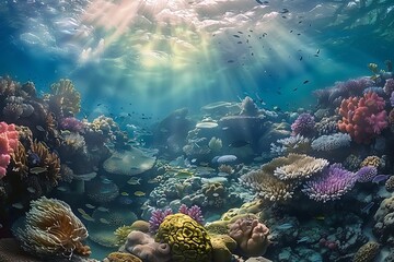 Naklejka na ściany i meble : A stunning underwater panoramic landscape filled with magnificent coral formations and tropical fish