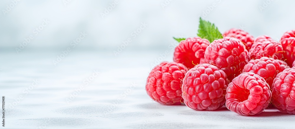 Poster multiple ripe red raspberries are placed on a clean, white surface, creating a vibrant and fresh dis