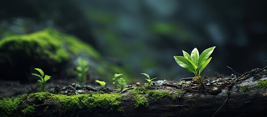 Green plant shoots emerging from a lush moss-covered log, showcasing two vibrant leaves amidst the mossy environment - Powered by Adobe