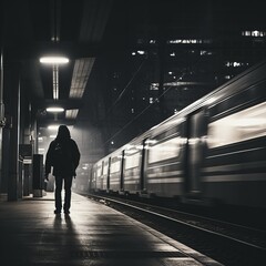 A lone figure stands on a train platform as a train speeds past - obrazy, fototapety, plakaty