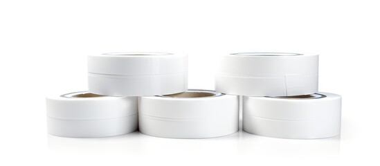 A close up of a group of rolls of white tape, white adhesive sticky tapes isolated on a white background