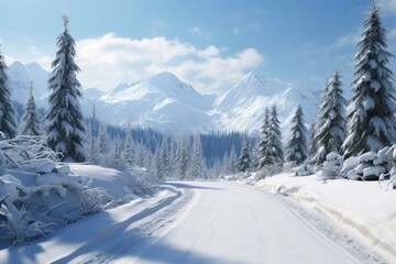 Fototapeta premium A snow-covered road winding through a winter landscape.