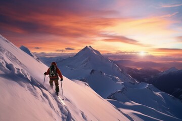 Skier on mountain with sunset