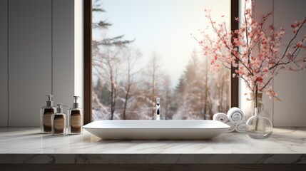 Bathroom interior with a large window, a sink, and a vase of flowers