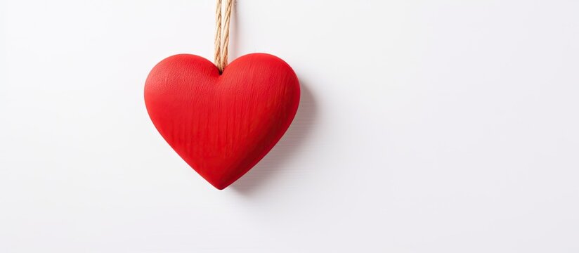 Vivid red heart made of wood hanging by a string on a plain white background