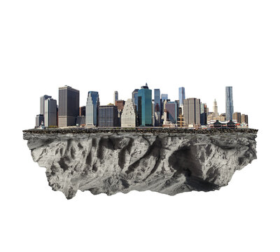 A city skyline atop a floating rocky island, isolated on a white background, depicting an urban concept