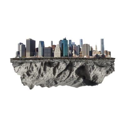 A city skyline atop a floating rocky island, isolated on a white background, depicting an urban concept