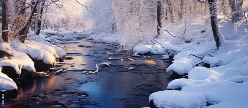 Poster scenic view of a serene winter river flowing amidst a snow-covered forest with tall trees and rocks 