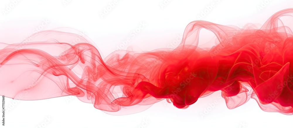 Poster a vibrant and intense red smoke swirl captured in a close-up shot against a plain white background, 