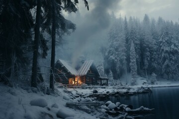 Cabin in the woods covered in snow, with smoke coming out of the chimney, and a frozen lake in the background.