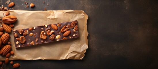 Chocolate bar filled with nuts and chocolate displayed on a sheet of parchment paper