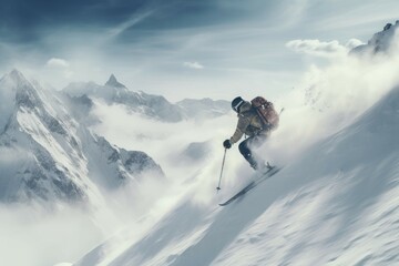 Skiing down a snowy mountain with mist and clouds. - obrazy, fototapety, plakaty