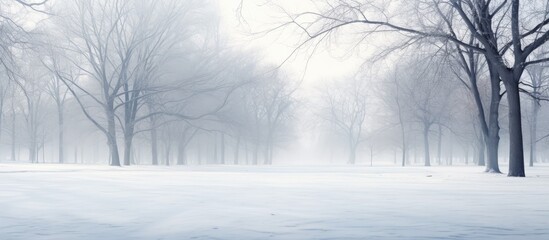 A peaceful winter scene in the park with snow-covered trees, a bench, and fog creating a serene atmosphere