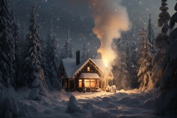 Cozy cabin in the snowy woods.