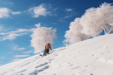 Naklejka na ściany i meble Sledding down a snowy hill with trees and a blue sky.
