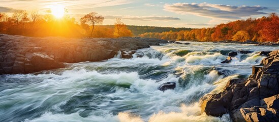 Close-up view of rapids in the Potomac River at sunset with trees in the background at Great Falls Park Virginia - obrazy, fototapety, plakaty