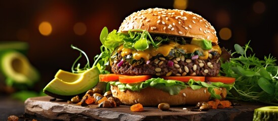 A detailed view of a delicious burger showcasing green lettuce, red tomatoes, and creamy avocado...