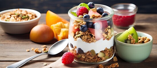 A transparent glass container filled with a mix of granola, dried fruits, and nuts alongside a...