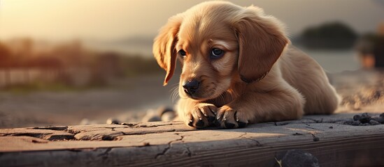 A cute puppy is lying on a wooden ledge, looking directly at the camera with curious eyes