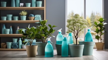 Blue and green home decor with plants and blue cleaning supplies - obrazy, fototapety, plakaty