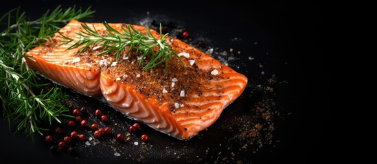 A piece of salmon seasoned with herbs and spices is elegantly displayed on a stylish black plate