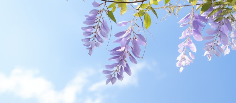 Vibrant purple flowers blooming on a branch with a backdrop of clear blue sky, showcasing a lovely natural contrast