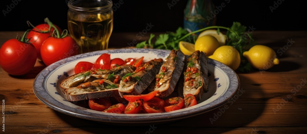 Poster a detailed view of a plate filled with a meal showing vibrant red tomatoes and slices of bread