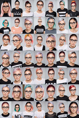 collage of fashion mode girls in different hair color and hair style with black frame glasses for beauty product promotion