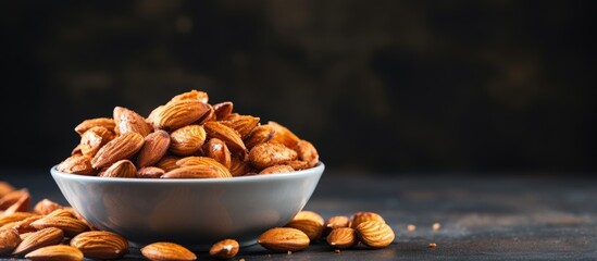 A close-up view of a bowl filled with salted fried almonds alongside almond nuts still in their shells on a wooden table